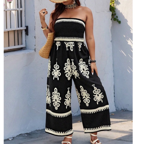 BellanBlue Pants - Boho Shirred Bodice Strapless Wide Leg Jumpsuit lightweight BEAUTIFUL